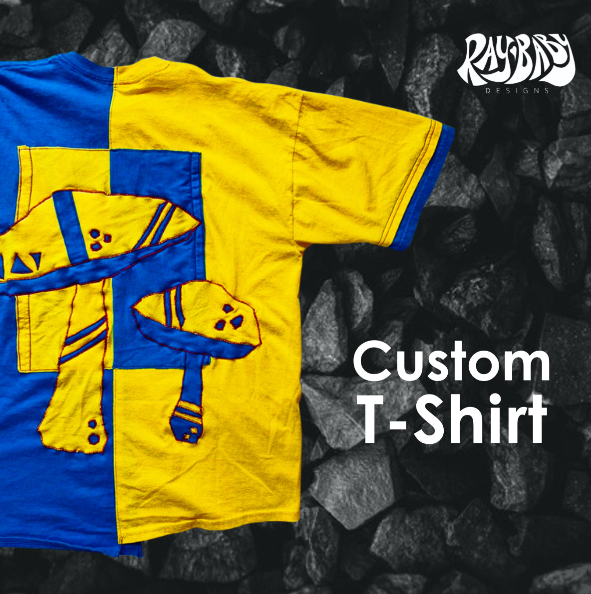 A custom T-shirt with a yellow and blue color scheme, featuring a graphic design of a two mushrooms on the front.